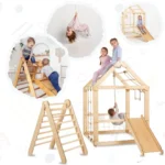 indoor-wooden-playhouse-with-triangle-ladder-slide-board-and-swings-787011